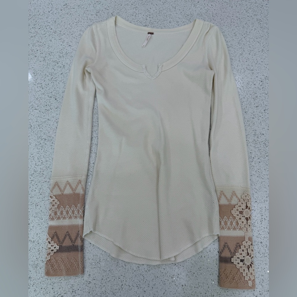 Free People Cream Long Sleeve Top with Lace Details